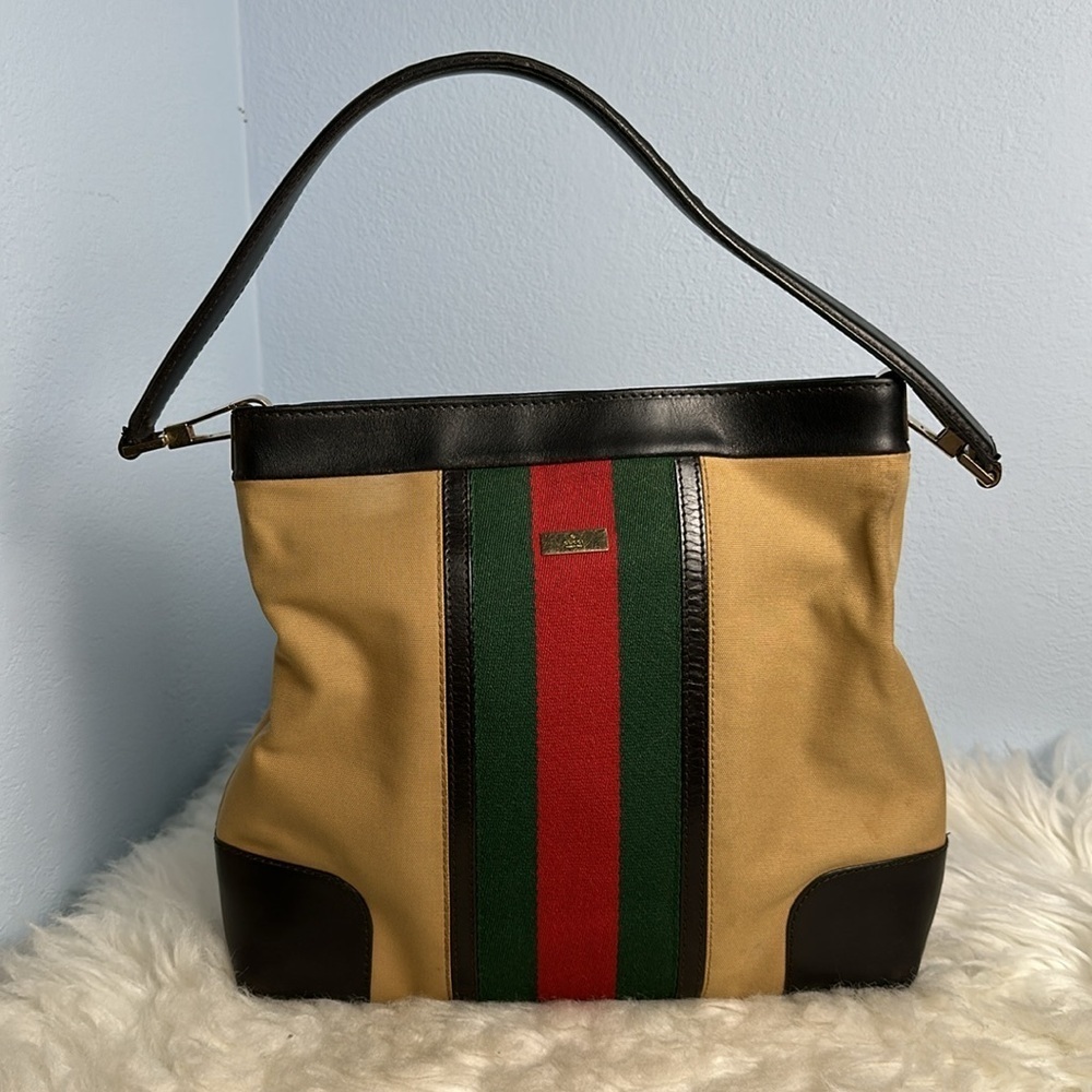 Vintage Gucci Web Stripe Canvas Leather Shoulder Hobo Bag Brown Red Green - Picture 15 of 16